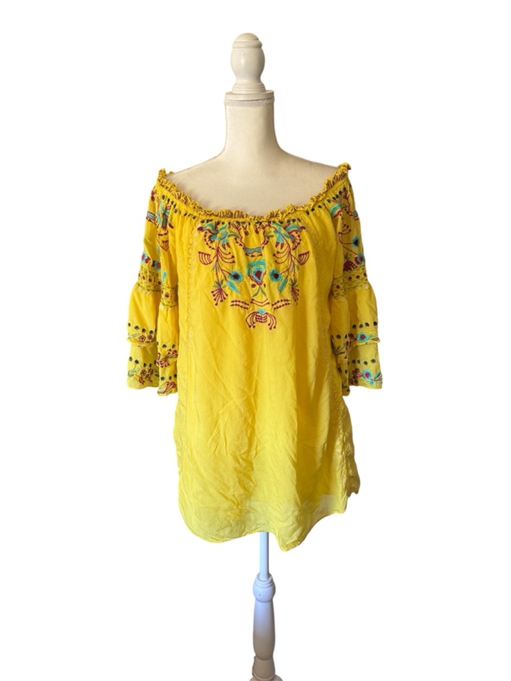 Vintage Collection Boho Yellow Embroidered Off-Shoulder Tunic